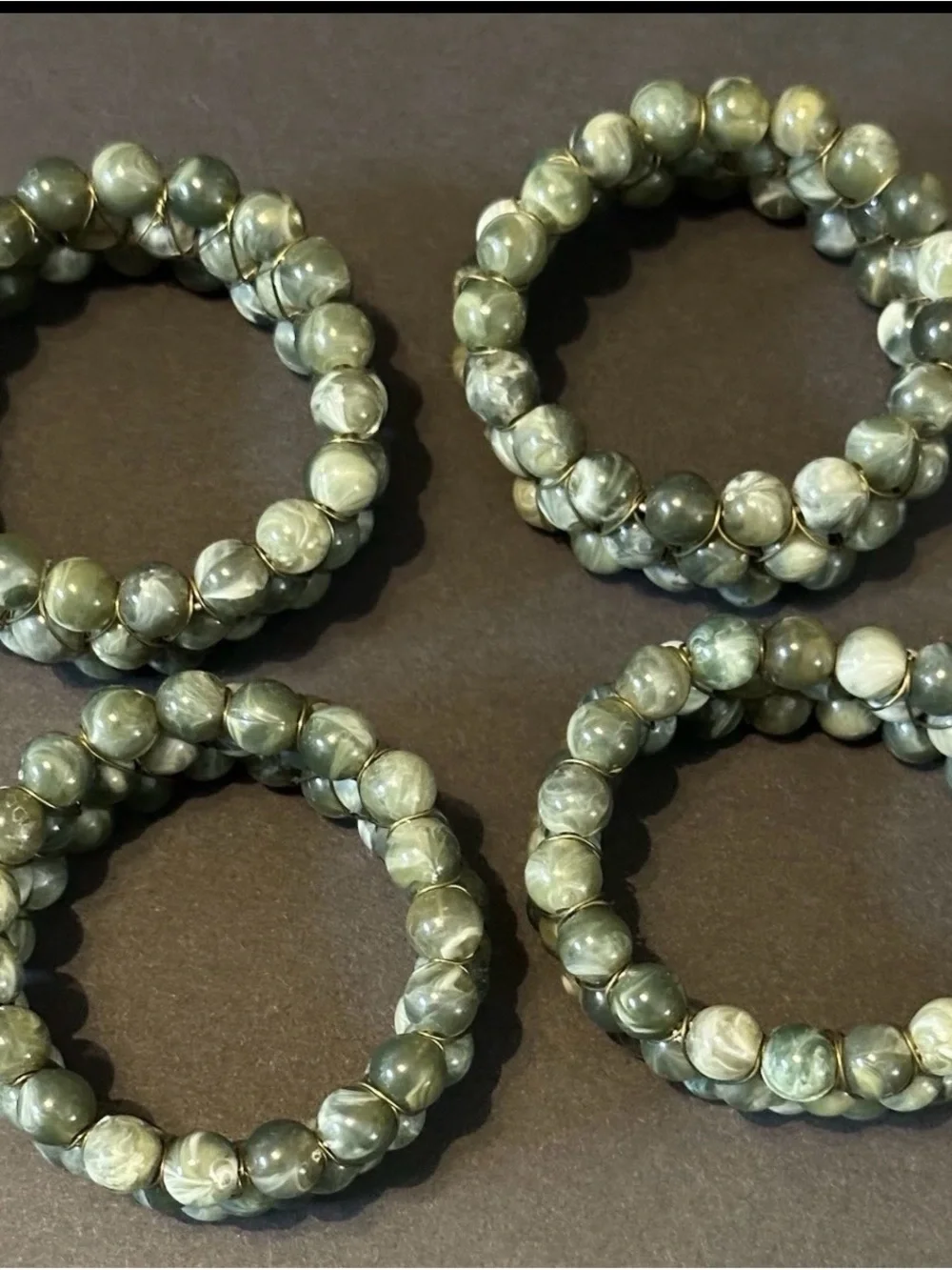 Coastal Sea Green Beads & Gold Wire Napkin Rings- Set of 4